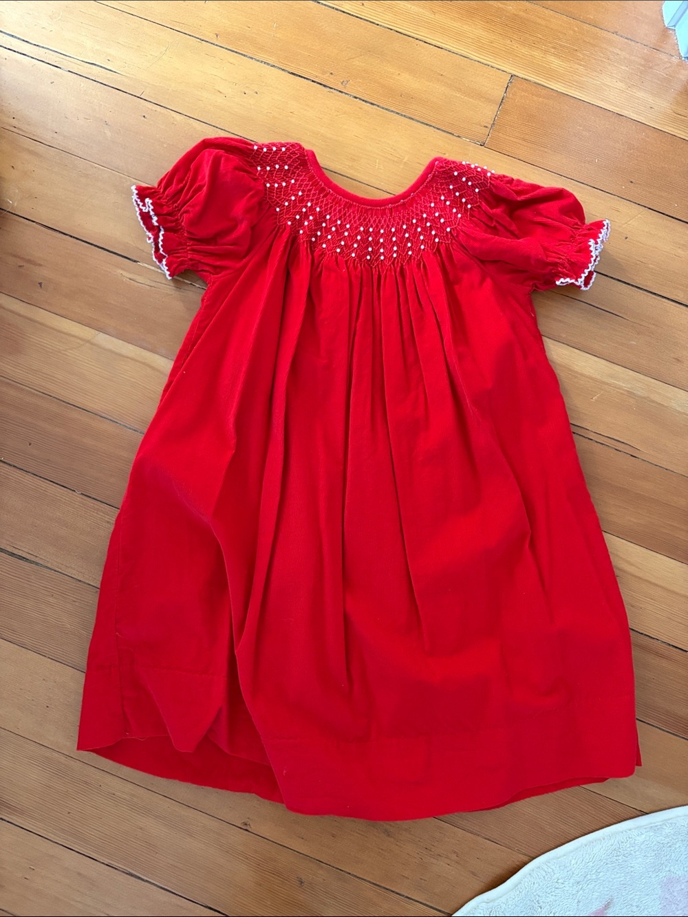 Classic Red Smocked Short-Sleeve Girls' Dress